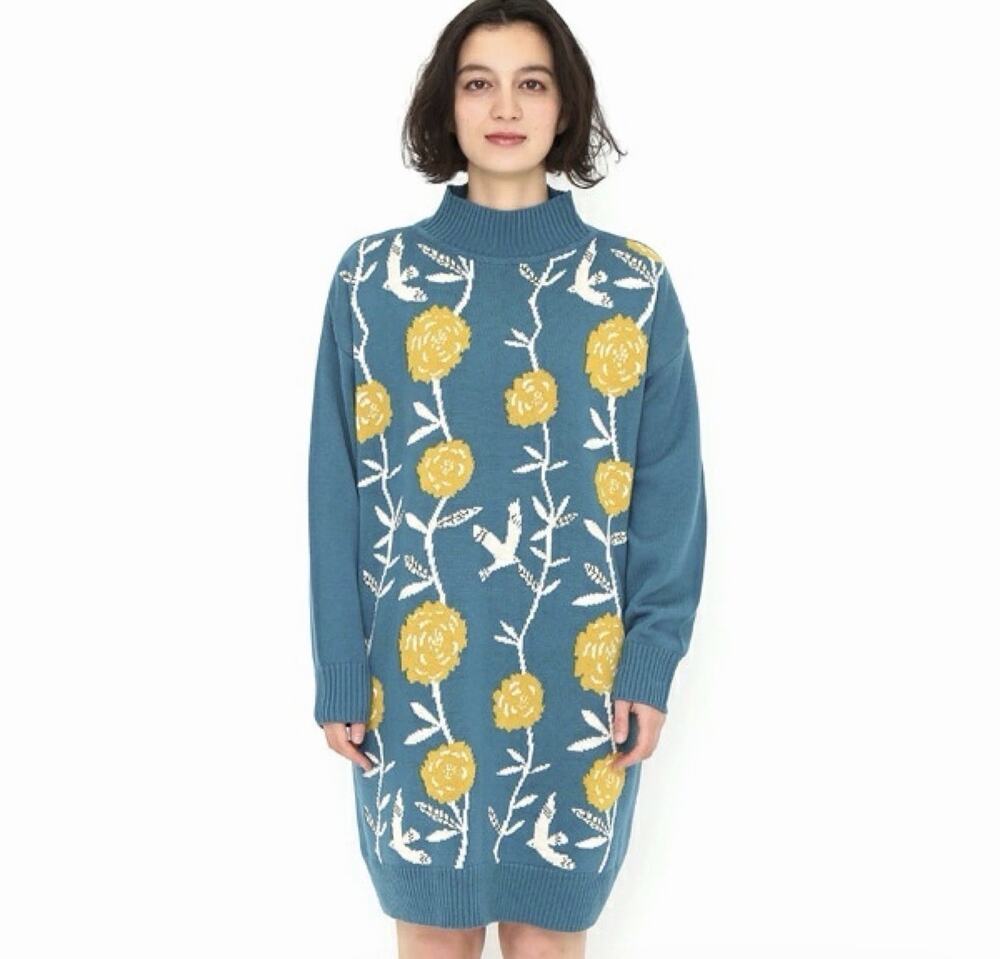Coquette Sweater Dress Medium Cottage Graphic Floral Birds Japanese Colorful